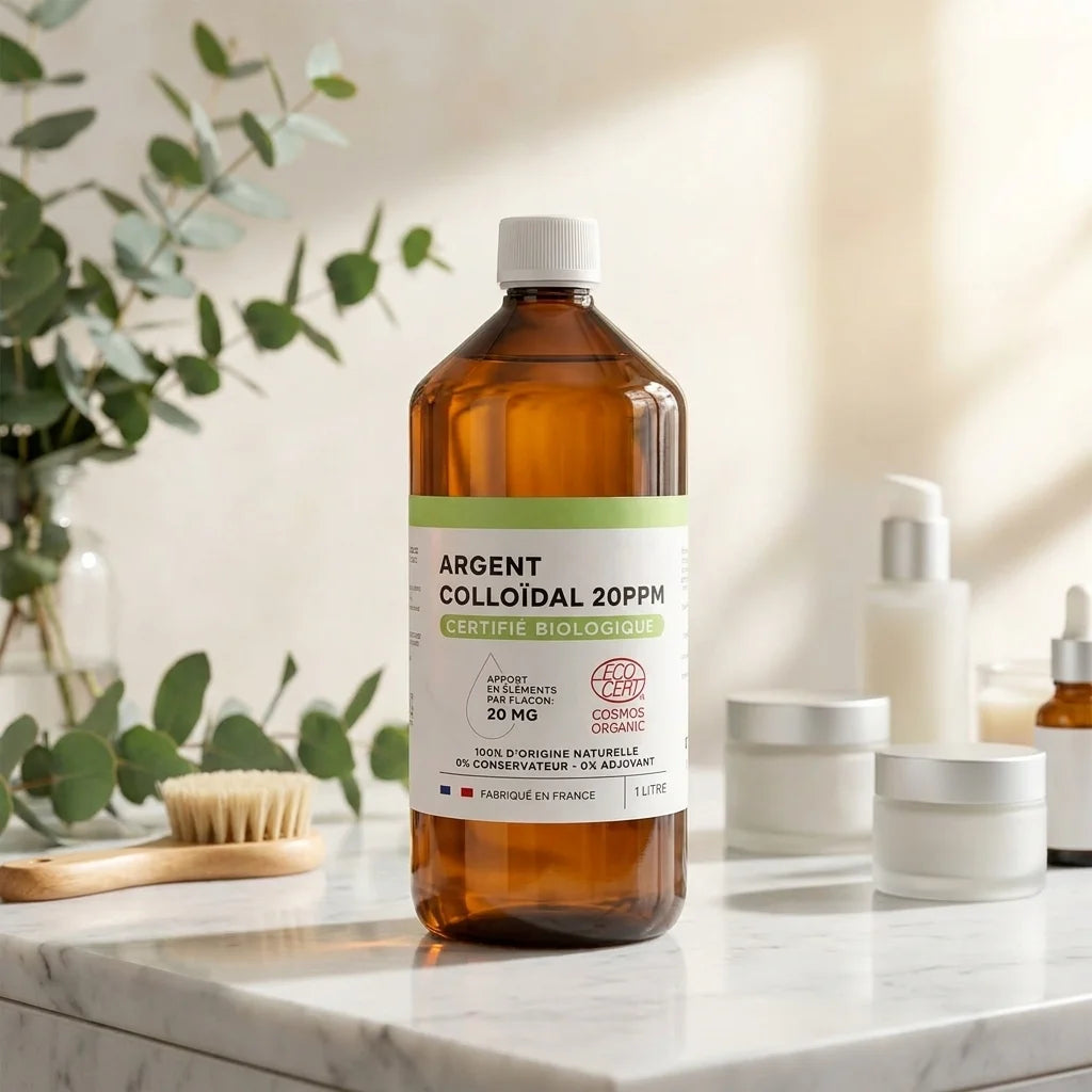 Argent Colloïdal Dr.Theiss 20 ppm 1L certifié bio sur surface marbre avec éléments botaniques