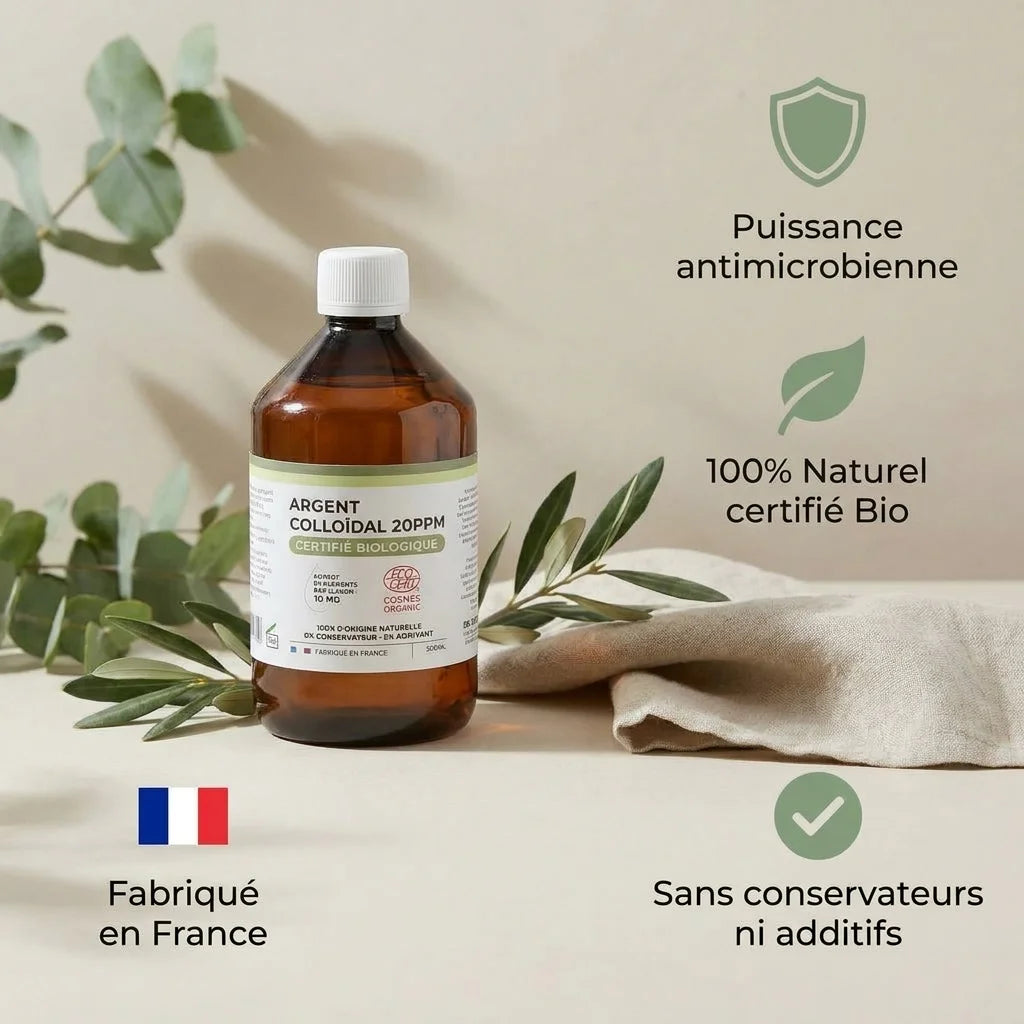 Argent colloïdal bio 20 ppm Dr.Theiss 500ml avec infographies bénéfices et certifications