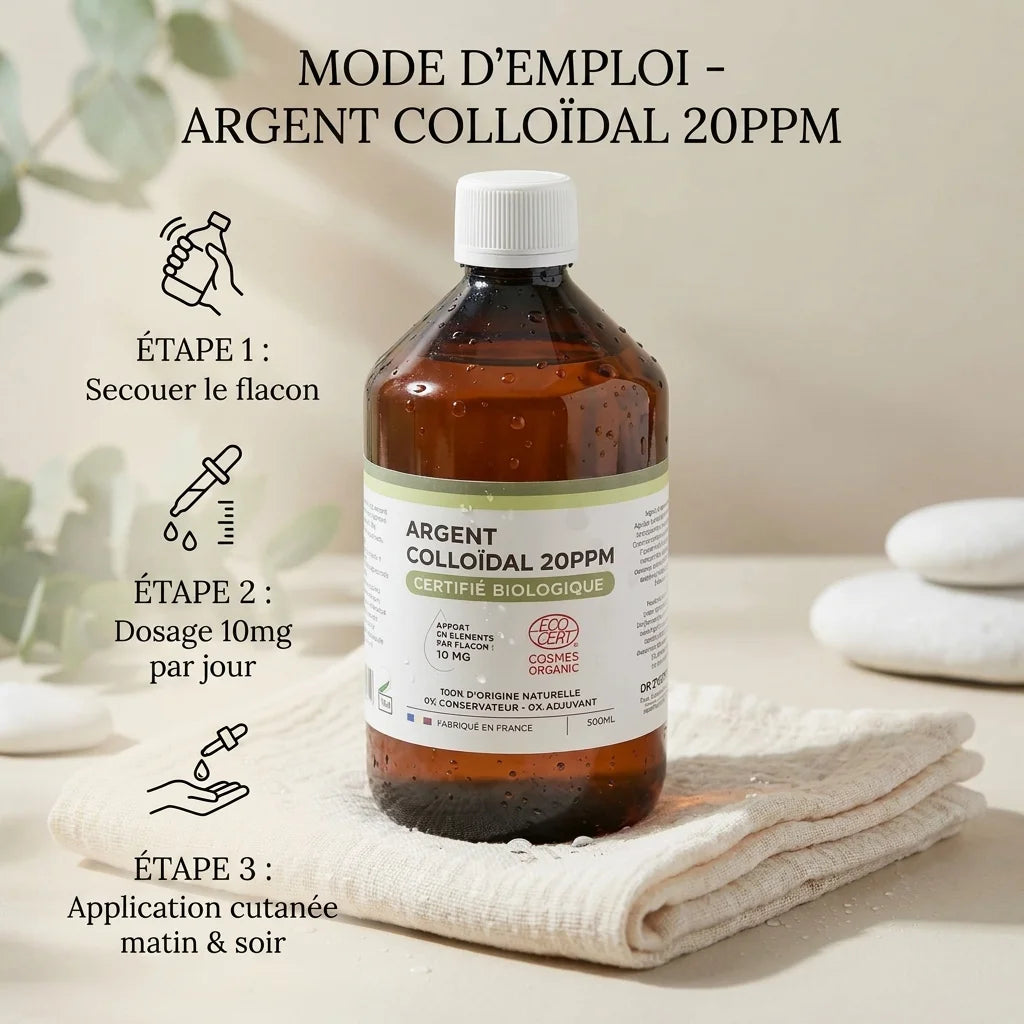 Argent colloïdal bio 20 ppm Dr.Theiss 500ml avec guide posologie et mode d'emploi