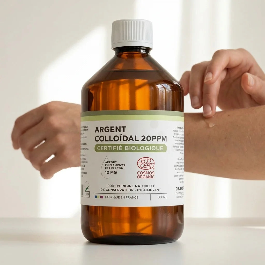 Argent colloïdal bio 20 ppm Dr.Theiss 500 ml bouteille verre brun application wellness