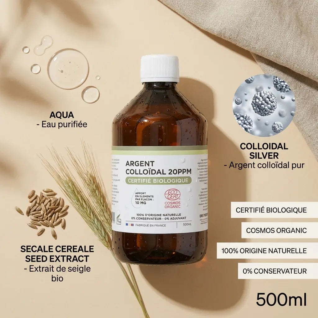 Argent colloïdal Dr.Theiss 20ppm 500ml certifié bio avec composition et certifications