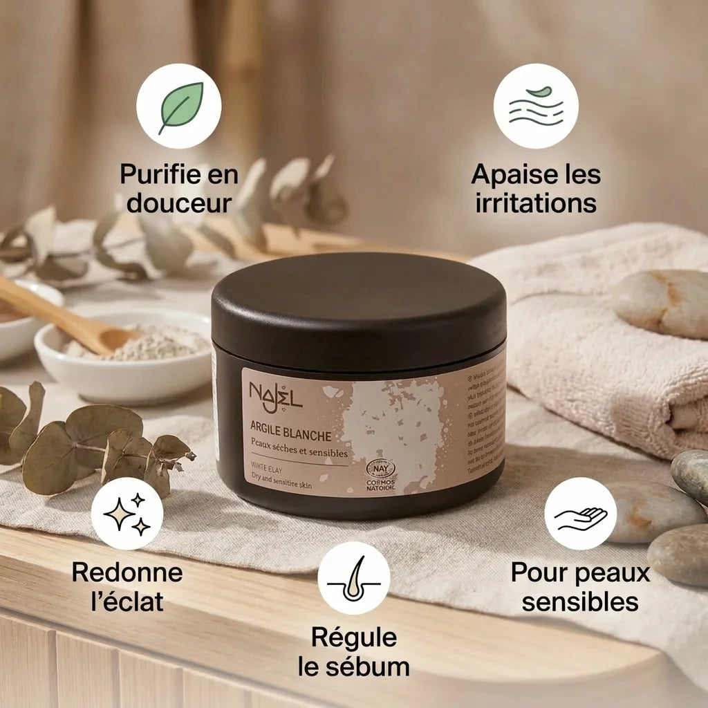 Argile blanche Najel 90g avec ses 5 bénéfices : purifie, apaise, éclat, peaux sensibles, régule sébum