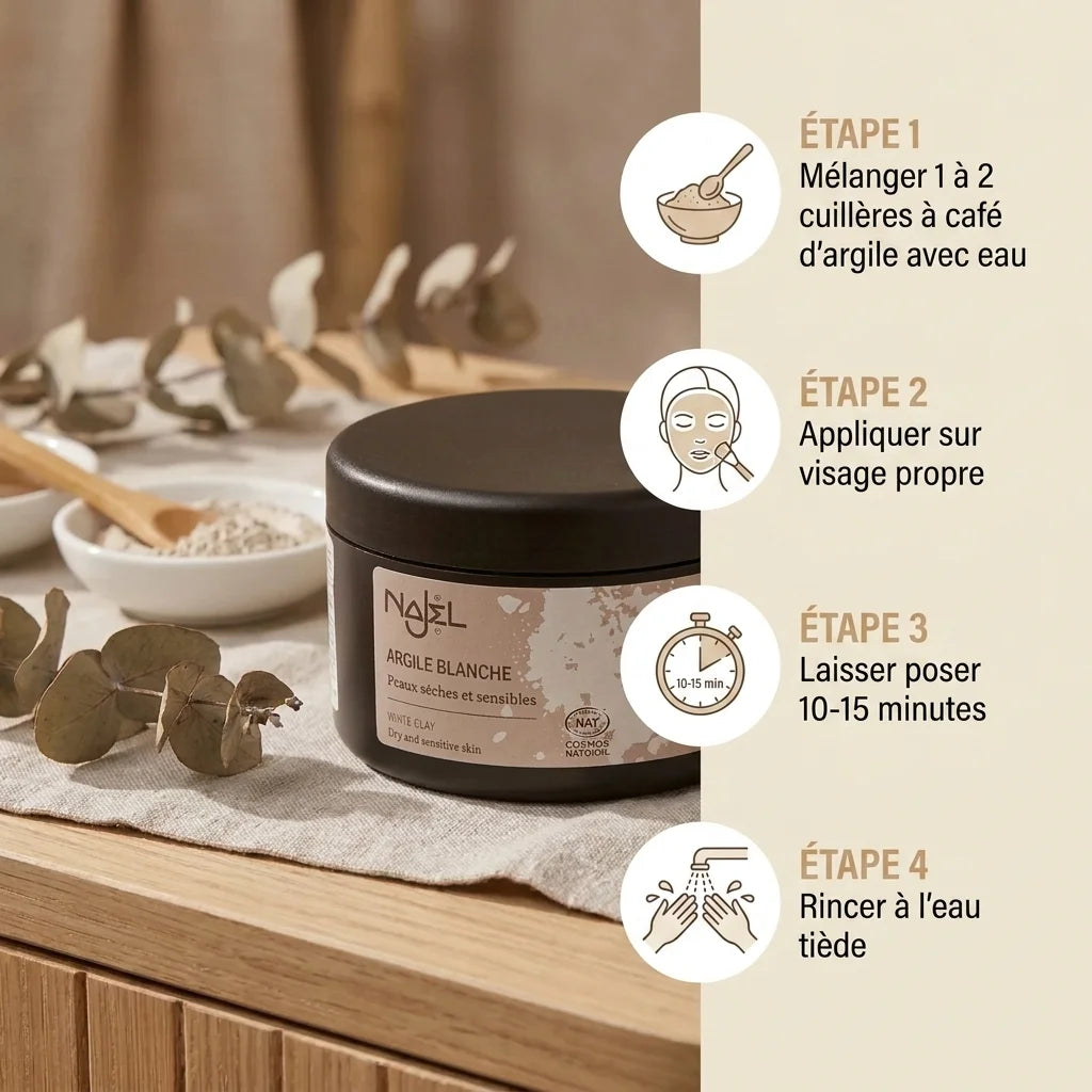Argile blanche Najel 90g - Guide d'utilisation avec étapes d'application sur visage