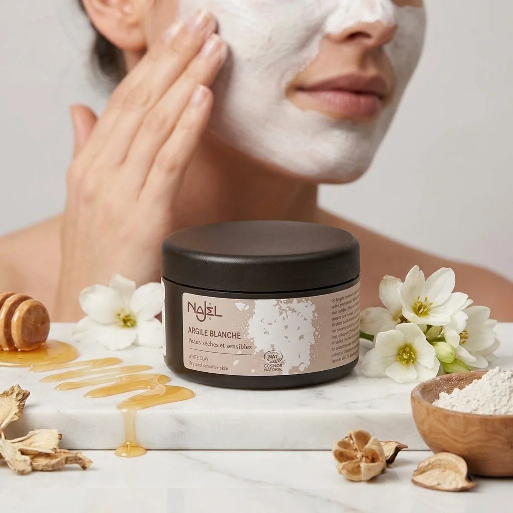 Argile blanche Najel 90g en pot avec application masque facial, ingrédients naturels