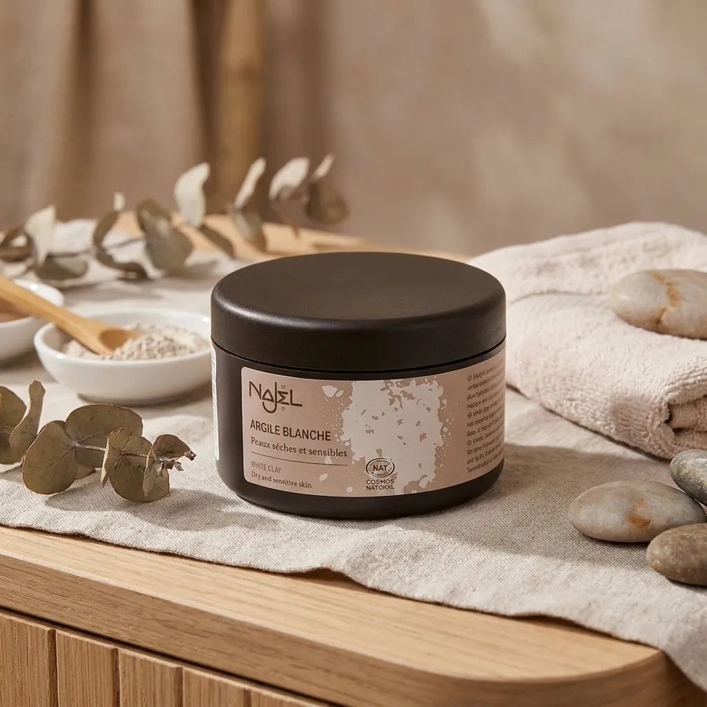 Argile blanche Najel 90g en pot, styling beauté naturelle avec textiles et botaniques