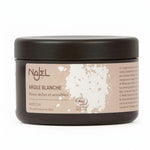 Argile blanche Najel en poudre 90g, pot avec étiquette beige sur fond blanc