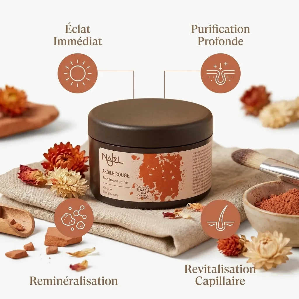 Argile rouge Najel en pot avec infographie des 4 bénéfices : éclat, purification, reminéralisation et revitalisation capillaire