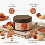 Argile rouge Najel en pot avec infographie des 4 bénéfices : éclat, purification, reminéralisation et revitalisation capillaire