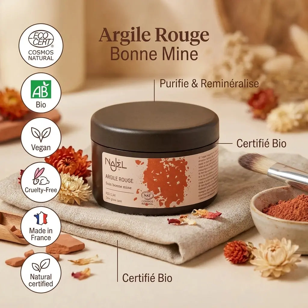 Pot d'argile rouge Najel certifié bio avec badges naturels et éléments minéraux