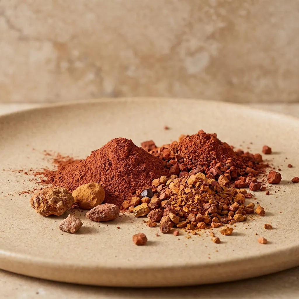 Argile rouge Najel naturelle - poudre terracotta et minéraux en gros plan