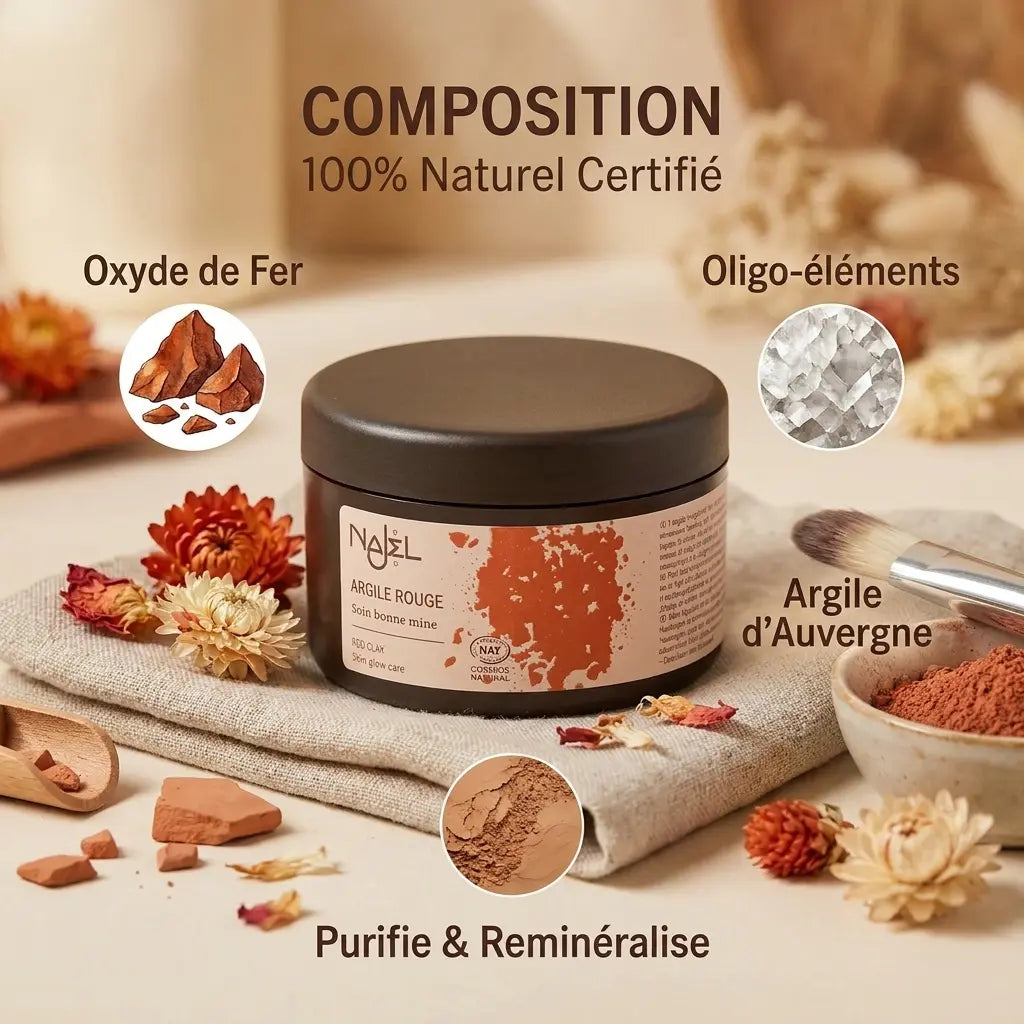 Argile rouge Najel en pot avec composition naturelle, ingrédients et certifications biologiques affichés