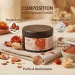 Argile rouge Najel en pot avec composition naturelle, ingrédients et certifications biologiques affichés