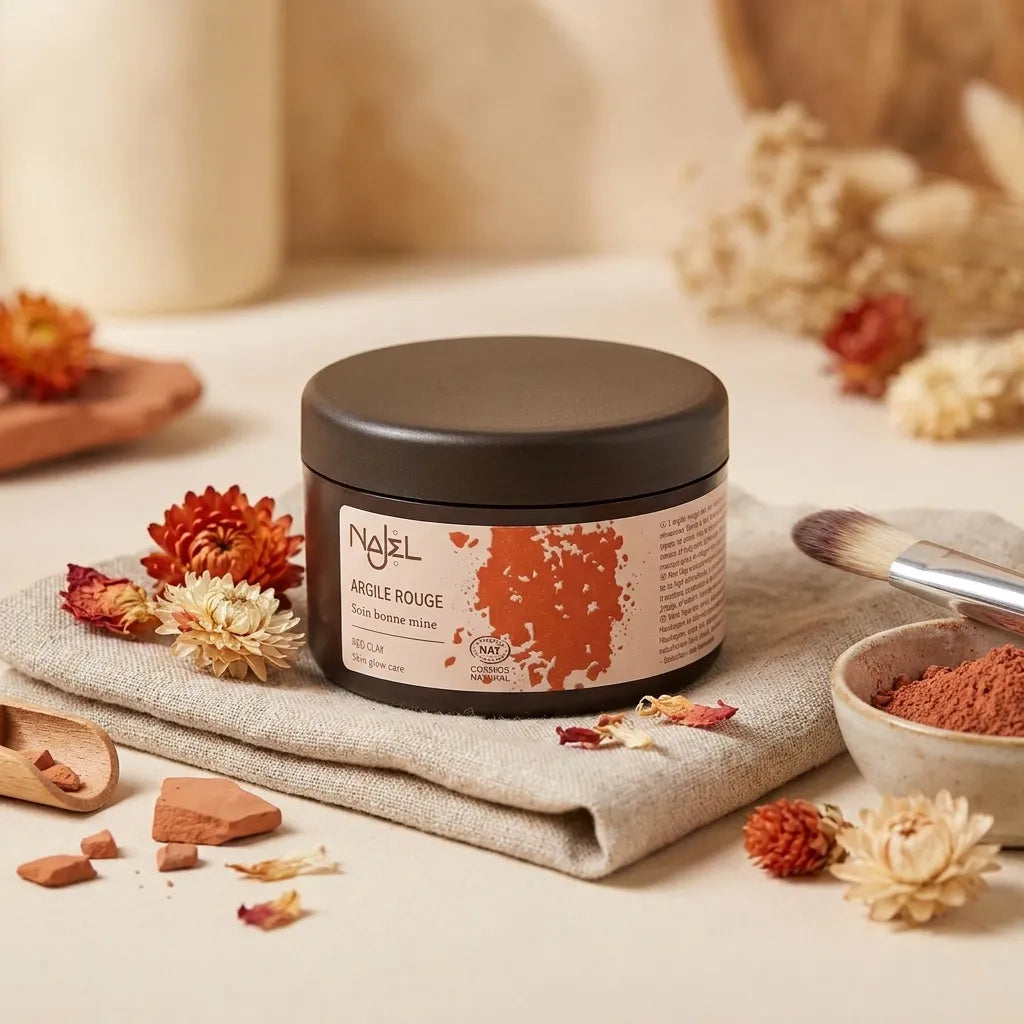 Pot d'argile rouge Najel dans un décor spa minimaliste avec fleurs séchées et linge naturel