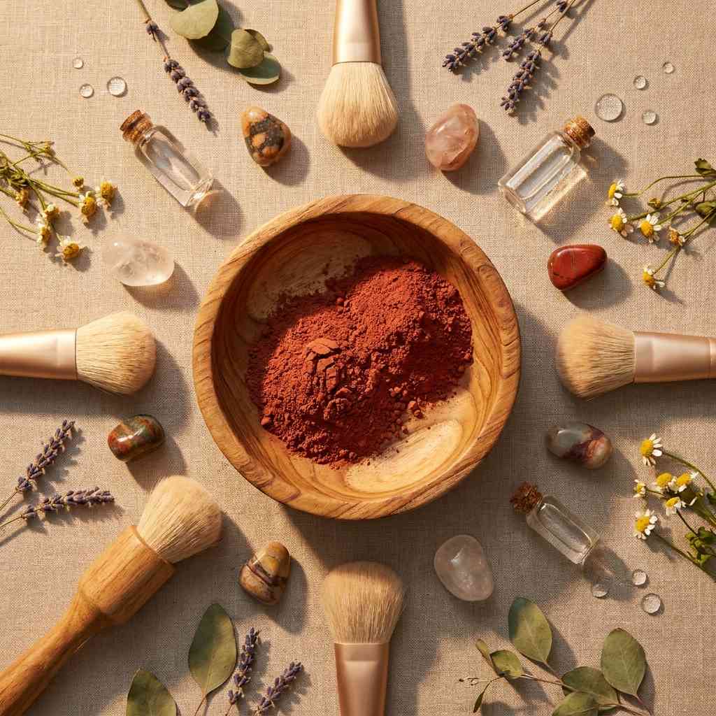 Argile rouge Najel en pot avec accessoires de soin skincare rituels bien-être naturel