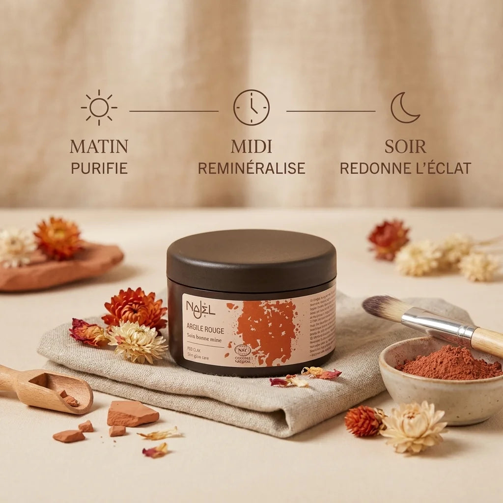 Argile rouge Najel en pot avec routine de soin : matin, midi, soir sur fond naturel