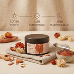 Argile rouge Najel en pot avec routine de soin : matin, midi, soir sur fond naturel