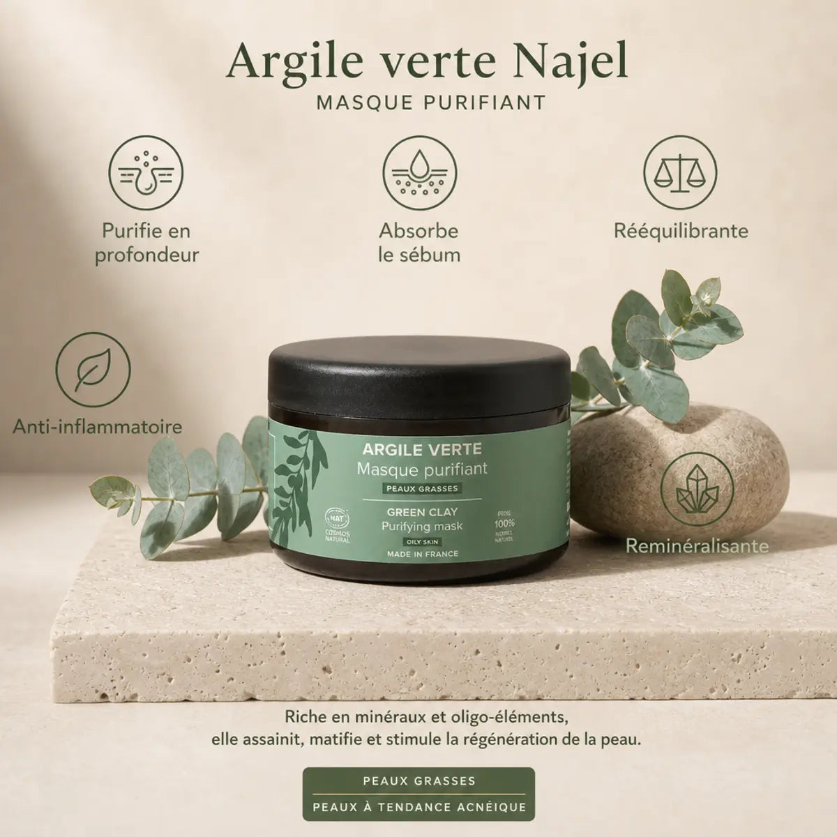 Argile verte Najel bio - masque purifiant avec bénéfices : purifie, absorbe sébum, rééquilibrante, anti-inflammatoire