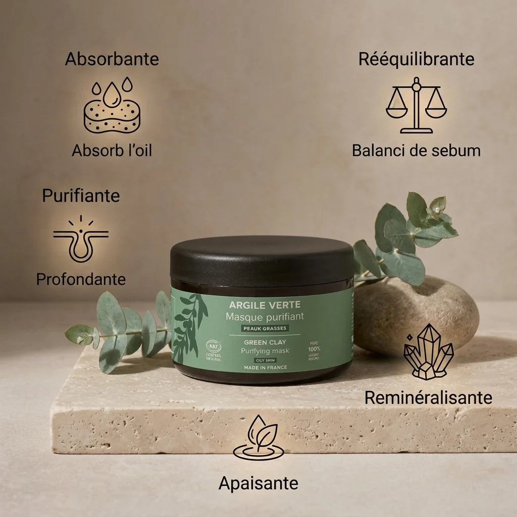 Pot d'argile verte Najel avec bénéfices : absorbante, purifiante, rééquilibrante, reminéralisante, apaisante