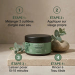 Argile verte Najel en pot avec étapes d'application du masque purifiant pour la peau