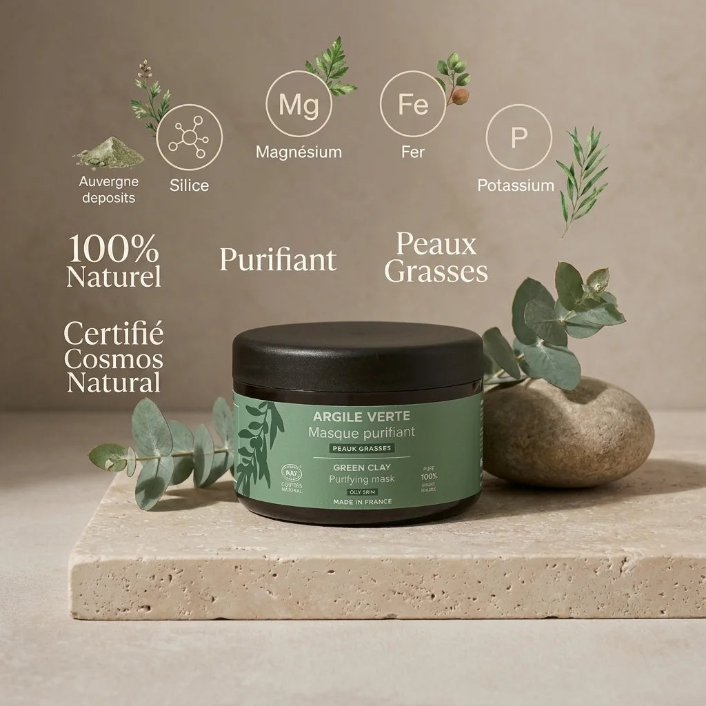 Argile verte Najel en pot avec minéraux et plantes, 100% naturel purifiant pour peaux grasses
