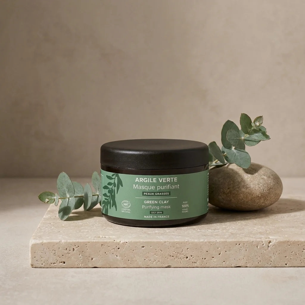 Pot d'argile verte Najel sur vanité spa minimaliste avec éléments botaniques naturels