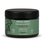 Pot d'argile verte Najel avec couvercle noir et étiquette verte sur fond blanc