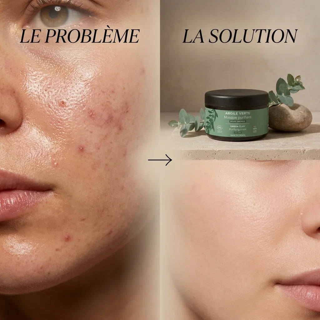 Argile verte Najel - avant/après masque purifiant pour peau grasse et imperfections