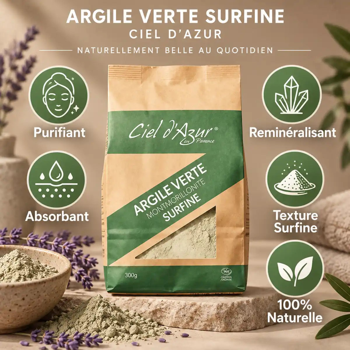 Argile verte surfine 300g Ciel d'azur avec bénéfices purifiant, absorbant et reminéralisant