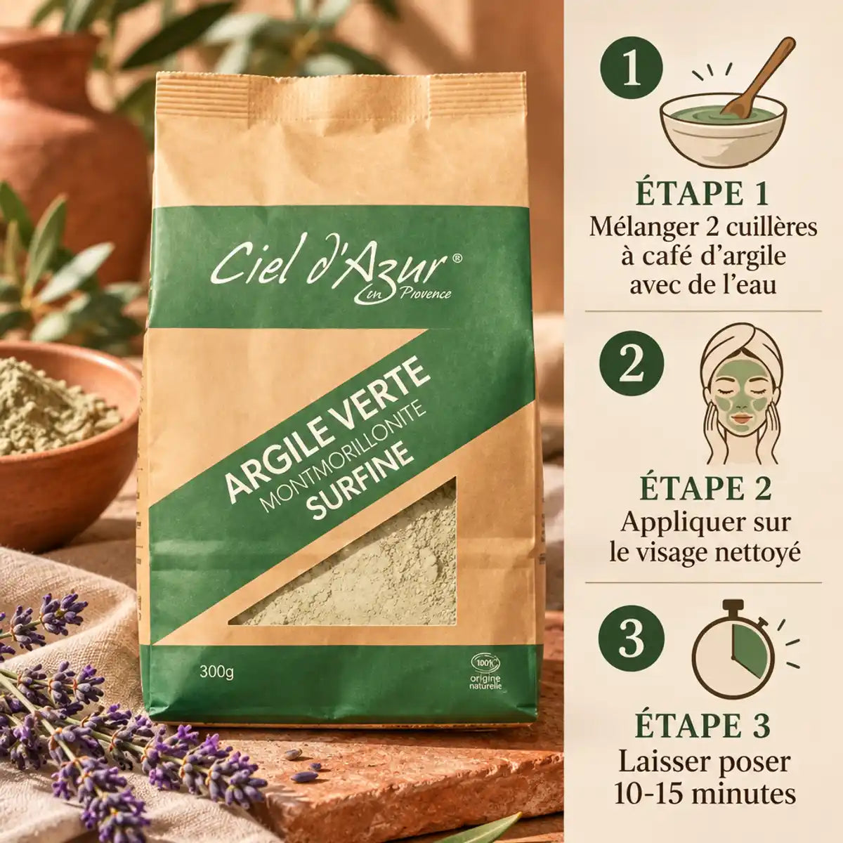 Argile verte surfine Ciel d'azur 300g avec étapes d'application sur fond provençal