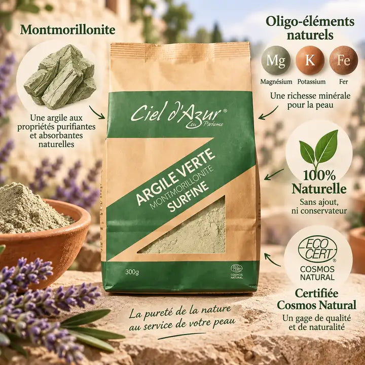 Argile verte surfine 300g Ciel d'azur - Montmorillonite naturelle certifiée Cosmos