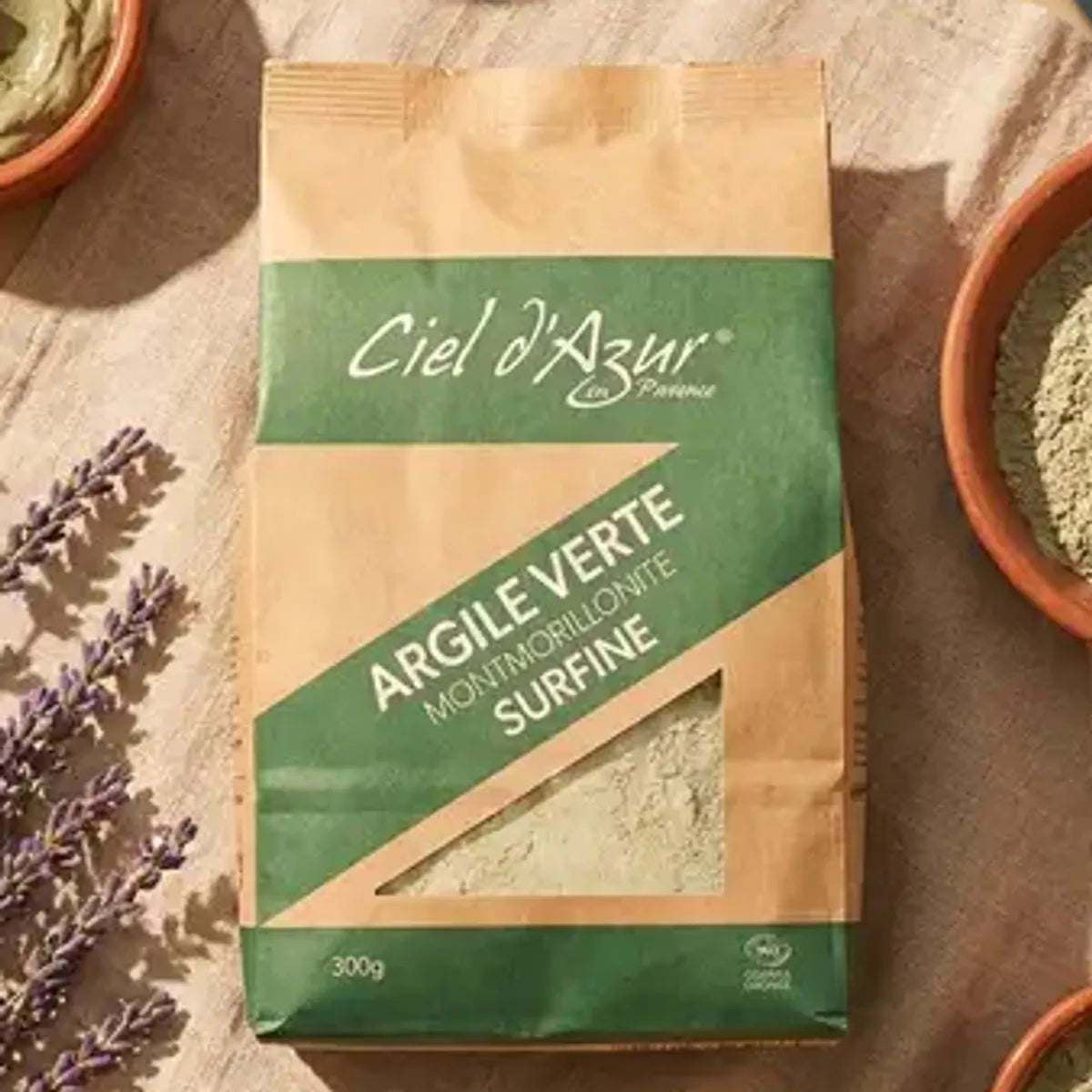 Argile verte surfine Ciel d'Azur 300g avec lavande et bols de terre cuite