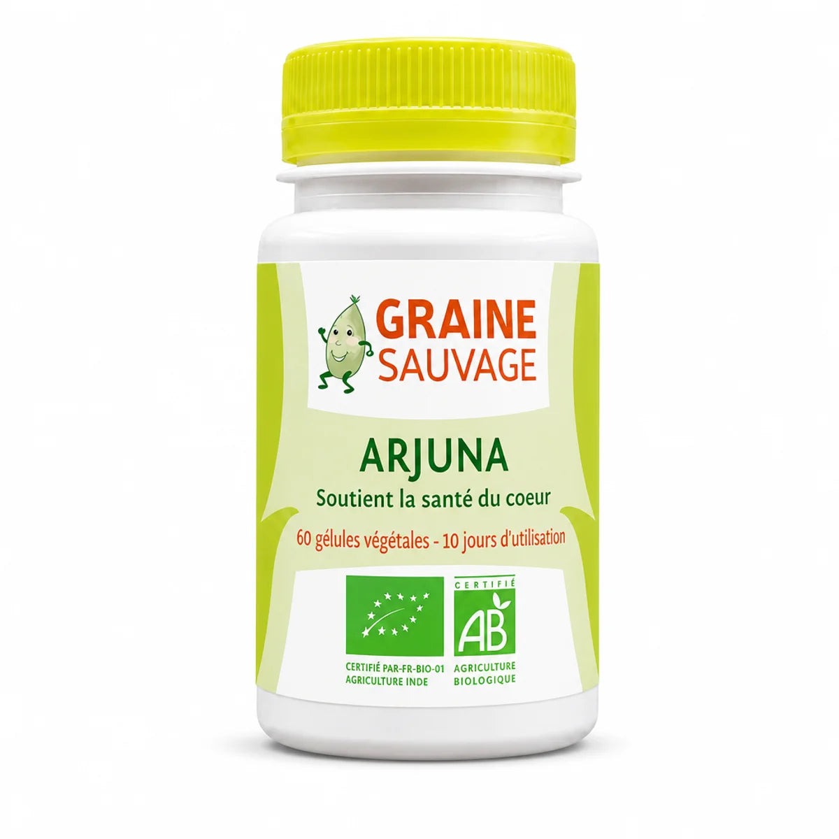 Arjuna bio 60 gélules Graine Sauvage - flacon blanc avec bouchon jaune-vert bio certifié