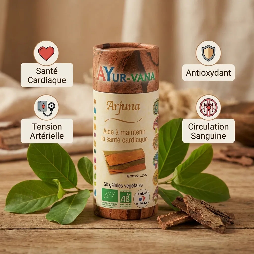 Gélules Arjuna bio Ayurvana avec feuilles, bénéfices santé cardiaque et circulation sanguine