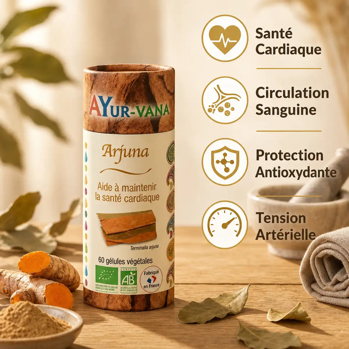 Gélules Arjuna bio Ayurvana avec bénéfices santé cardiaque, circulation et antioxydants sur fond naturel