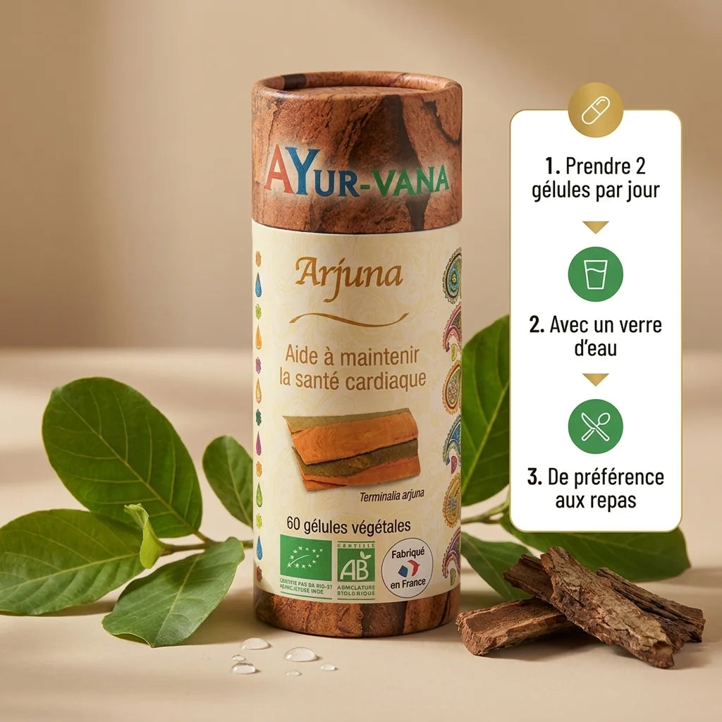 Gélules bio Arjuna Ayurvana avec mode d'emploi et feuilles de Terminalia arjuna