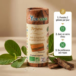 Gélules bio Arjuna Ayurvana avec mode d'emploi et feuilles de Terminalia arjuna