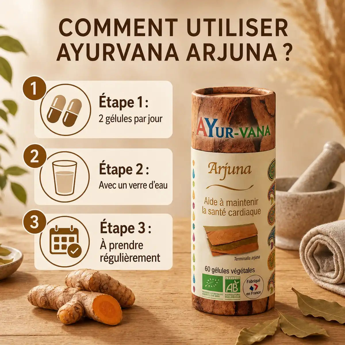 Gélules Arjuna bio Ayurvana avec instructions posologie et ingrédients naturels