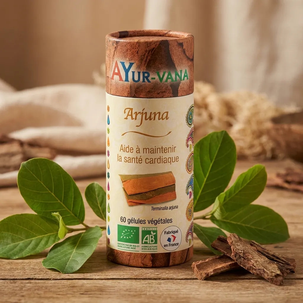 Arjuna bio en gélules Ayurvana avec feuilles fraîches Terminalia arjuna sur surface bois naturelle