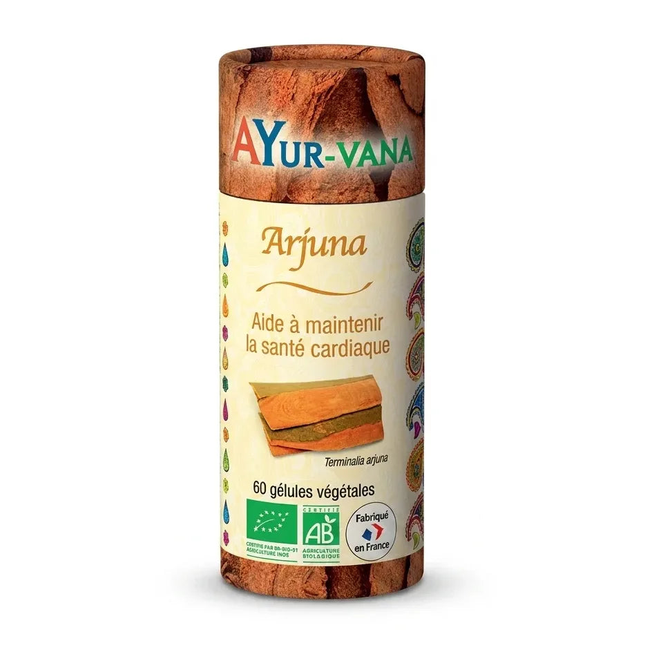 Bouteille de gélules Arjuna bio Ayurvana sur fond blanc pour article blog