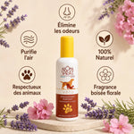Aromaspray Véto spray naturel avec infographie des 5 bénéfices : élimine odeurs, purifie air, respectueux animaux