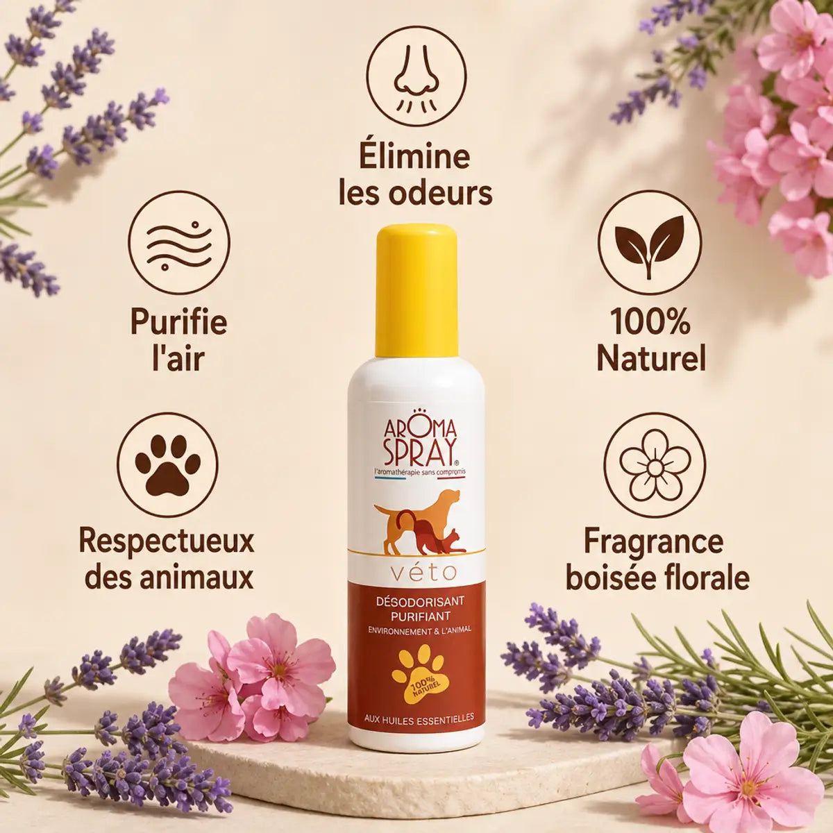 Aromaspray Véto spray naturel avec infographie des 5 bénéfices : élimine odeurs, purifie air, respectueux animaux