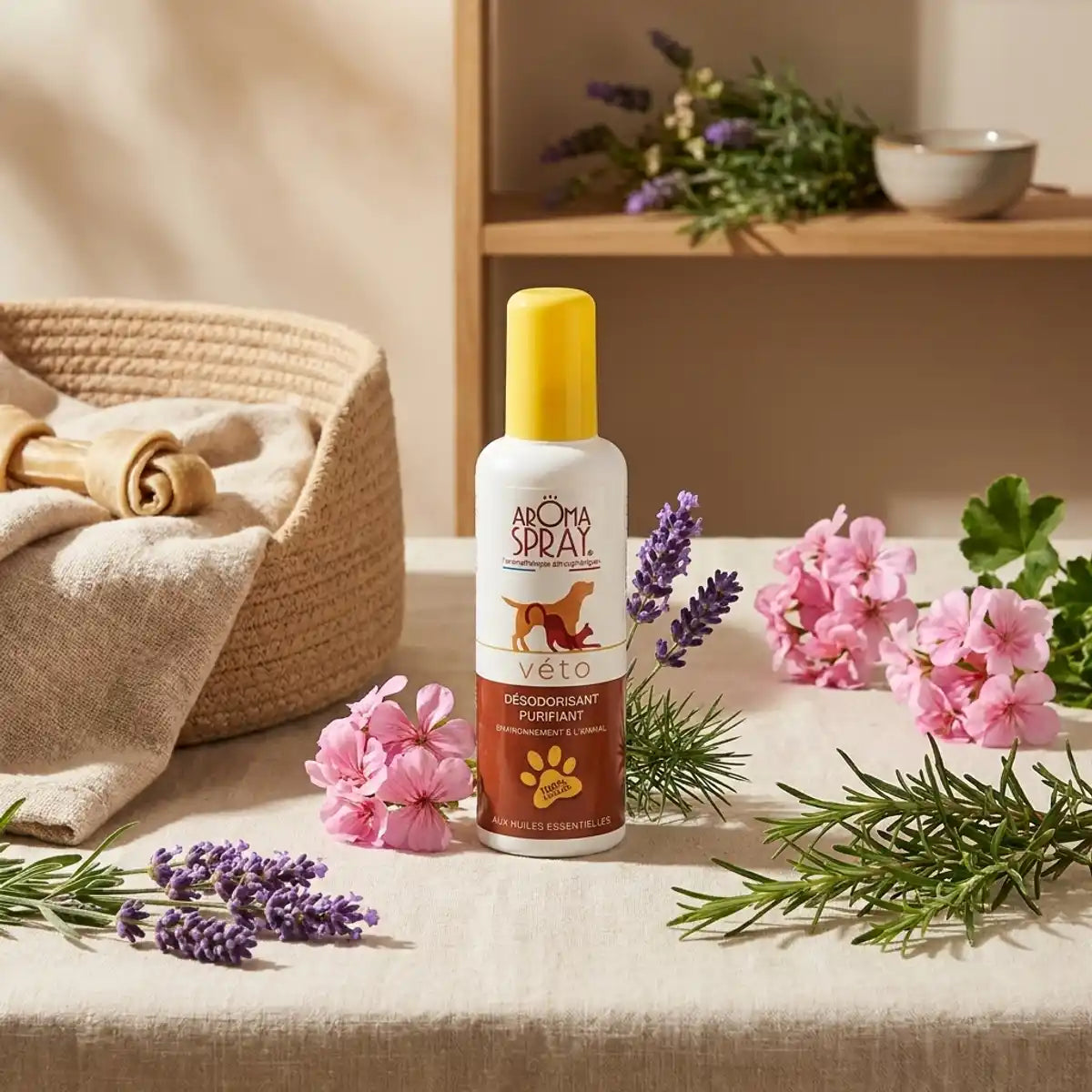 Aromaspray Véto spray naturel pour animaux avec lavande, romarin et fleurs sur fond clair
