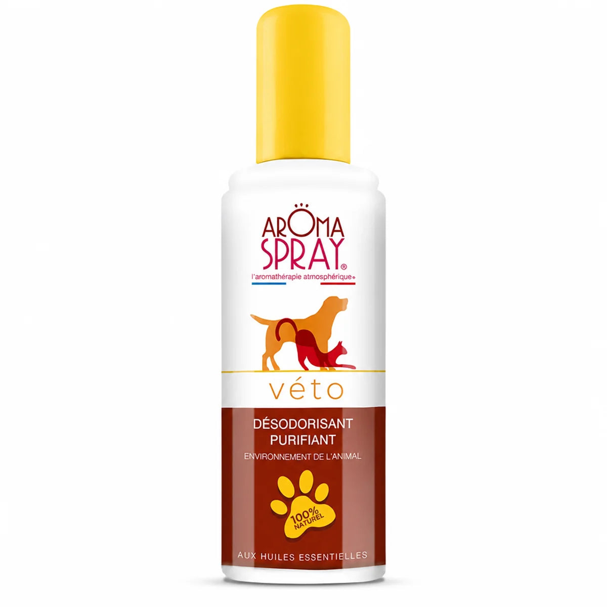 Aromaspray Véto déodorant naturel pour animaux en flacon blanc avec capuchon jaune