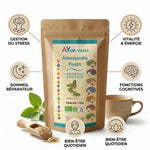 Ashwagandha bio poudre Ayurvana avec icônes bienfaits stress sommeil énergie certification Ecocert