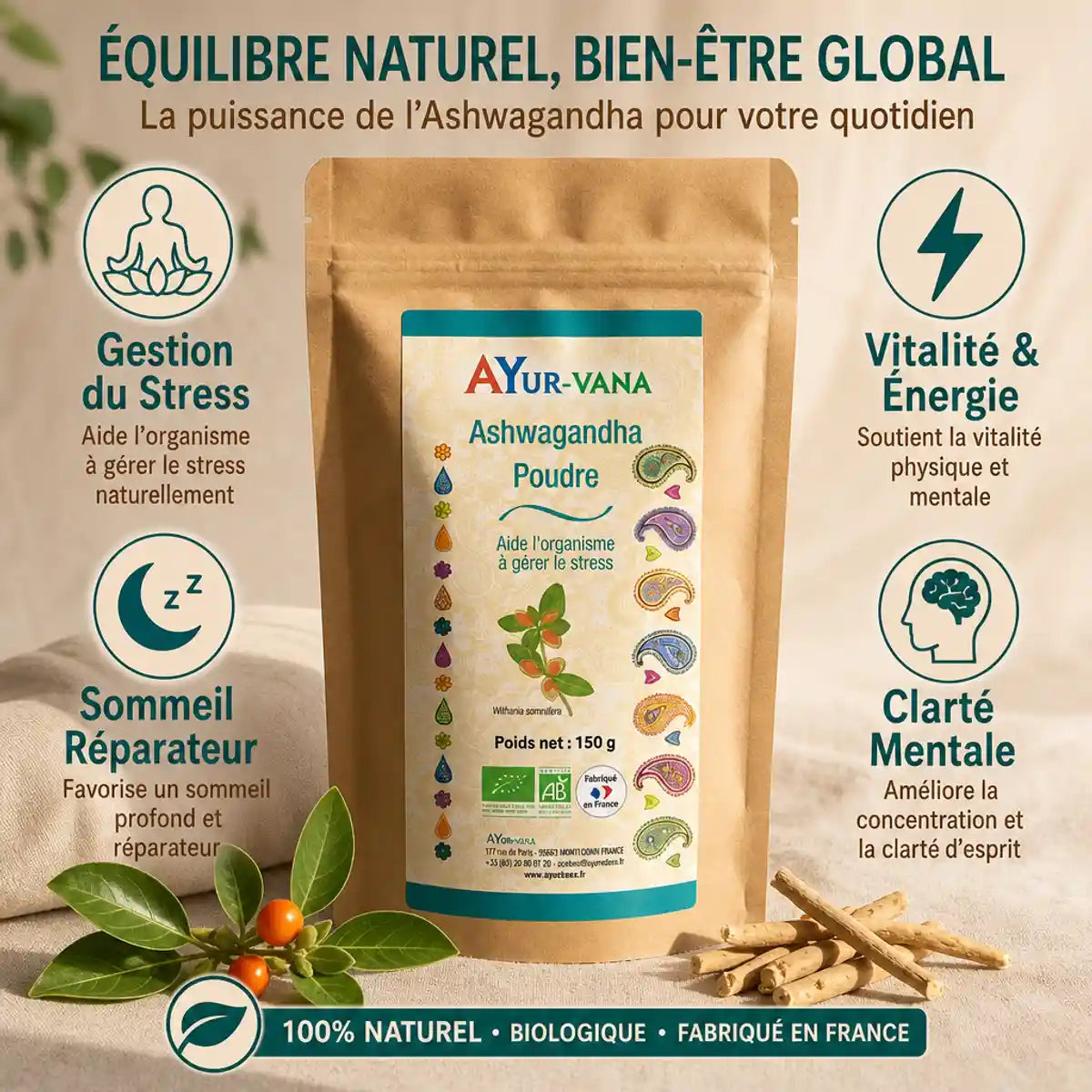 Ashwagandha bio poudre Ayurvana 150g avec bénéfices stress, sommeil et énergie