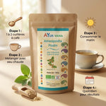 Ashwagandha bio Ayurvana poudre 150g avec guide d'utilisation en 4 étapes et ingrédients naturels
