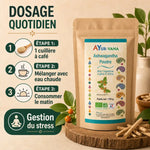 Ashwagandha bio Ayurvana en poudre avec dosage quotidien et mode d'emploi pour gestion du stress