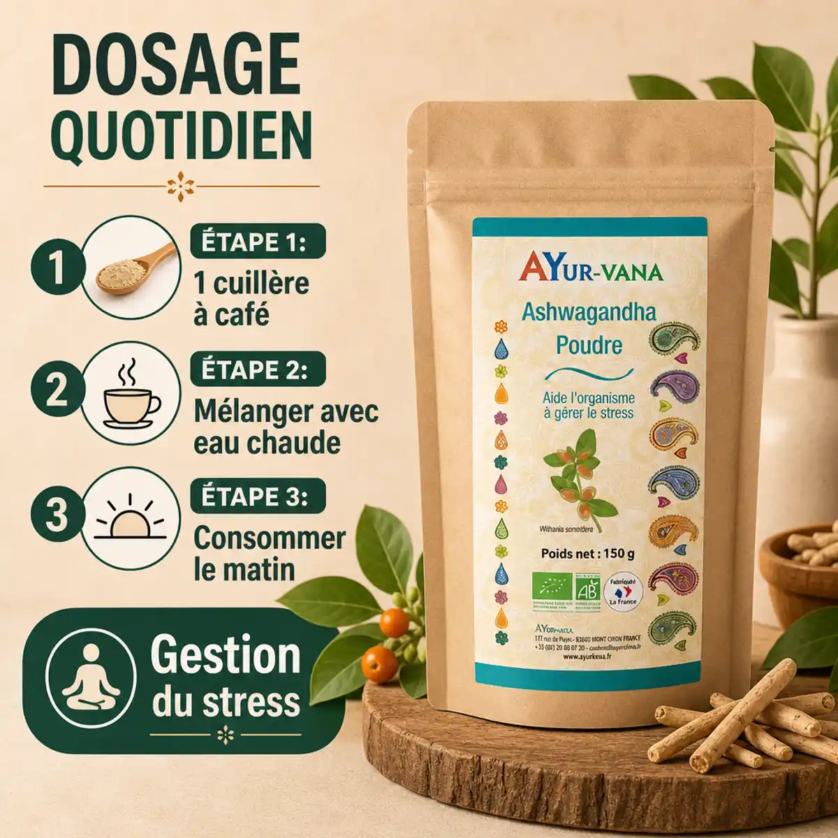 Ashwagandha bio Ayurvana en poudre avec dosage quotidien et mode d'emploi pour gestion du stress