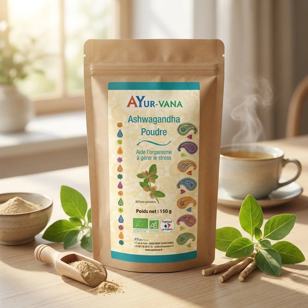 Ashwagandha bio Ayurvana en poudre avec feuilles de plante et packaging kraft