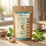Ashwagandha bio Ayurvana en poudre avec feuilles de plante et packaging kraft